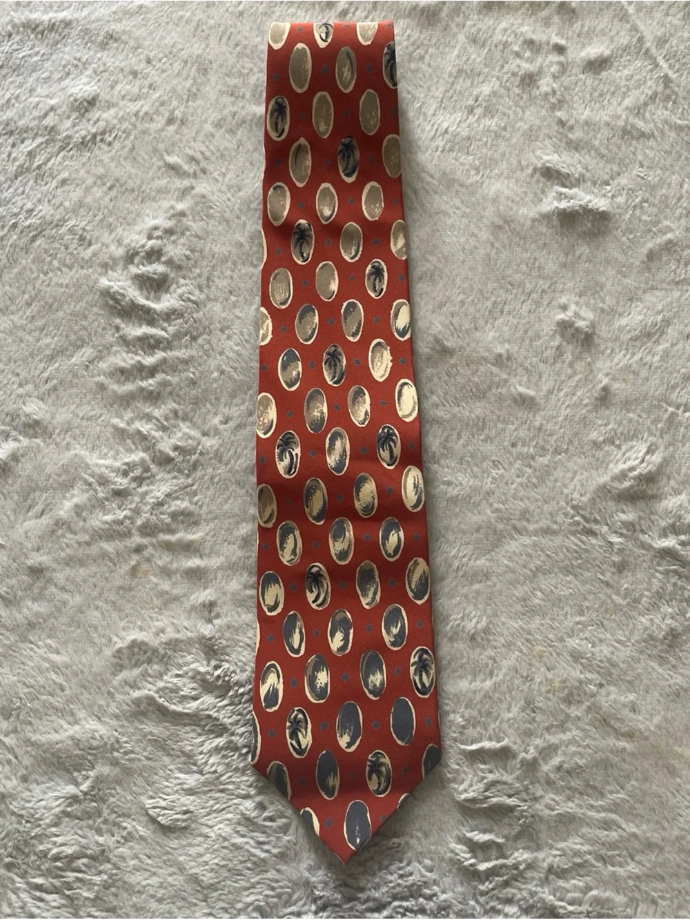Yukiko Rust Red Silk Tie with Navy and Cream Oval Motifs